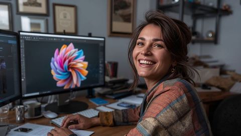 Smiling designer working from home with dual monitors showcasing colorful digital artwork