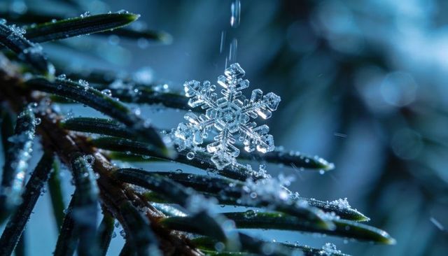 Glistening hexagonal snowflake crystal resting on frosted pine needle macro closeup