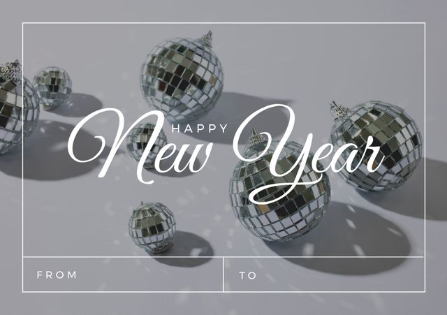 Image of happy new year and disco balls on grey background. New year, party and celebration concept.