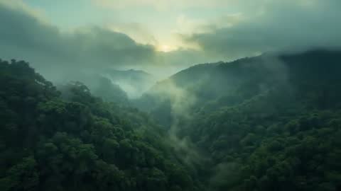 Peaceful Dawn Over Misty Mountain Valley Captured by Gliding Camera