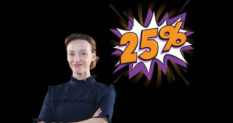 Happy woman promoting 25 percent discount with burst graphic