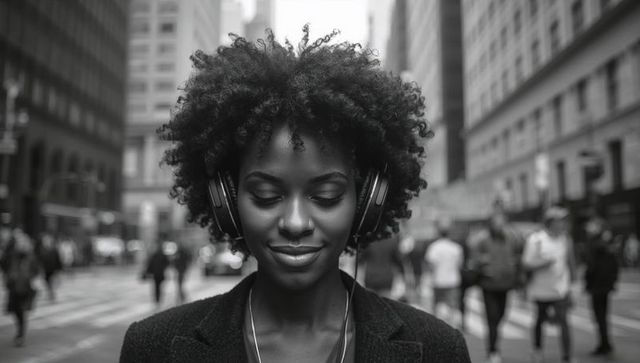 Black woman listening to music with headphones smiling on city crosswalk, monochrome calm