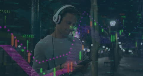 Caucasian Businessman Using Smartphone with Financial Graph Overlay