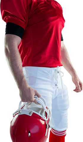 American football player holding transparent helmet wearing red uniform
