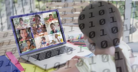 Young girl in virtual classroom with digital overlay