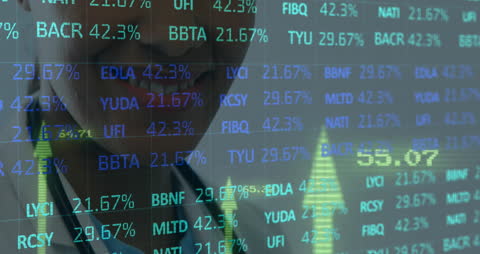 Smiling Doctor Amid Stock Market Data Overlay