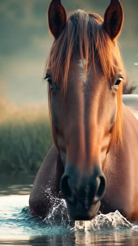 Chestnut horse nudging water and wading into shallow pond at sunrise vertical video