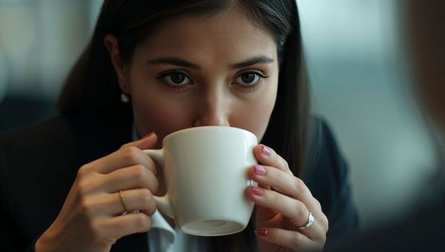 Asian businesswoman sipping coffee in office lounge closeup portrait with calm focused gaze
