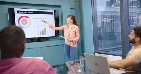 Professional team presentation on department budgets in modern office