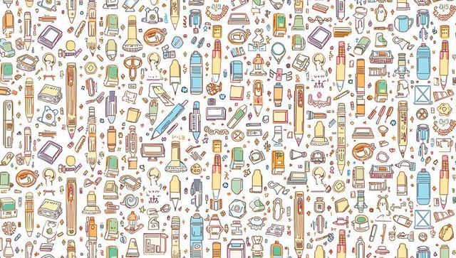 Hand-drawn pastel stationery allover pattern on fabric featuring pens, pencils, notebooks