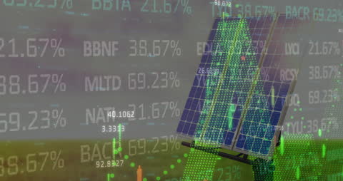 Digital Financial Data Animation Over Solar Panel Energy