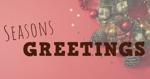 Creative design featuring 'Season's Greetings' message with traditional Christmas decorations including pine cones and ornaments on a red background. Ideal for use in holiday cards, festive flyers, social media posts, and party invitations to convey holiday spirit and warmth.