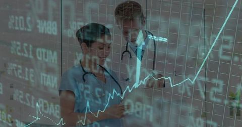 Healthcare team analyzing clinical data overlay on tablet with rising analytics chart