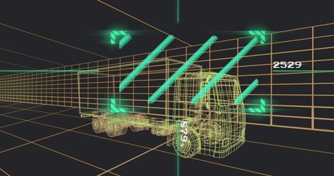 Neon wireframe semi truck moving through futuristic grid corridor with hud data overlay