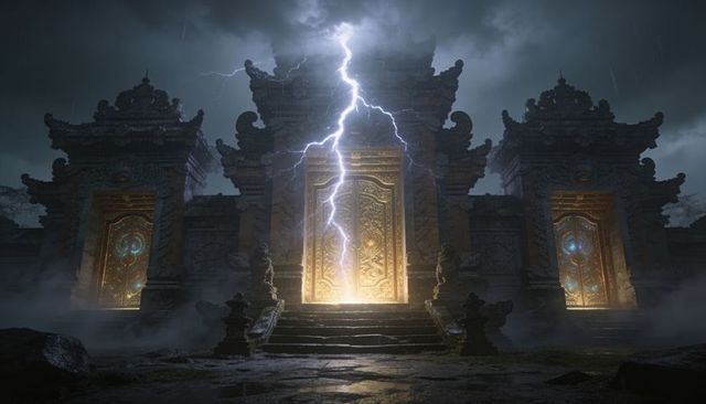 Golden portal at storm-battered temple gate with lightning strike, mystic night ritual