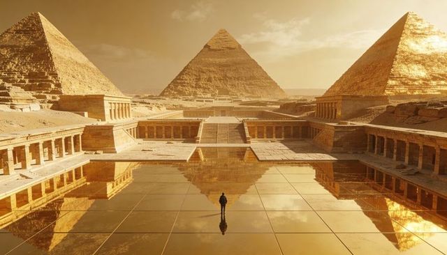 Standing lone traveler reflecting on mirrored golden plaza before three ancient pyramids
