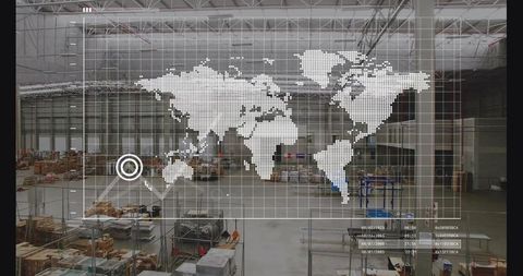 World map projection in modern warehouse with logistics tools