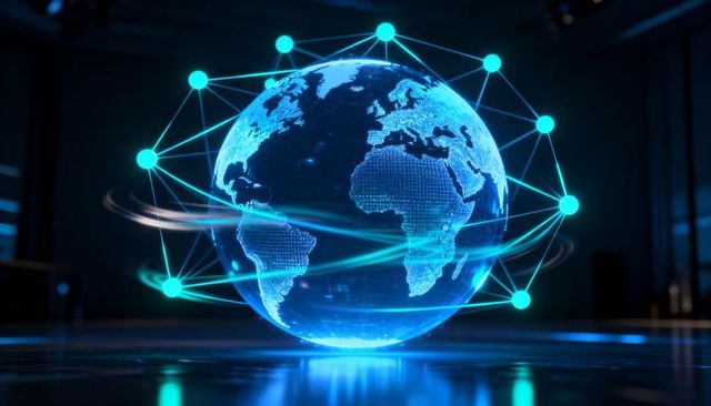 Rotating neon globe with connected nodes representing global data network and ai