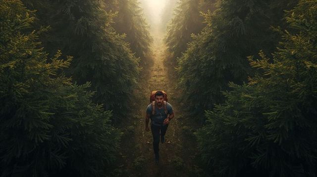 Solitary Hiker Walking Down Misty Evergreen Trail with Red Backpack at Dawn