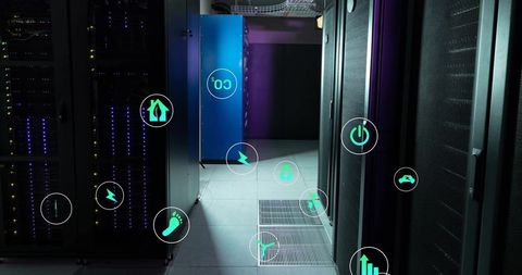 Ecology Icons Over Digital Server, Eco-friendly Tech Concept