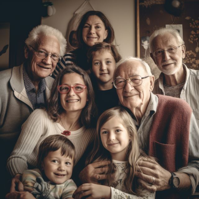Family members across different generations are gathered indoors, with grandparents, parents, and children, all smiling and posing for the camera. A suitable visual for topics relating to family bond, multigenerational relationships, togetherness, and happy moments spent with loved ones.