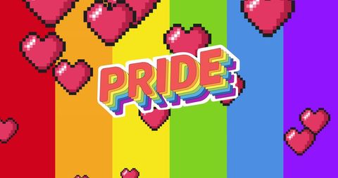 Vibrant PRIDE Banner with Digital Hearts and Rainbow