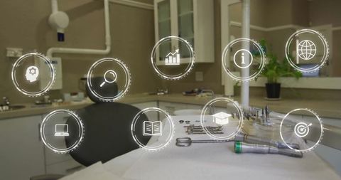 Professional dental exam room featuring dental tools and digital icons