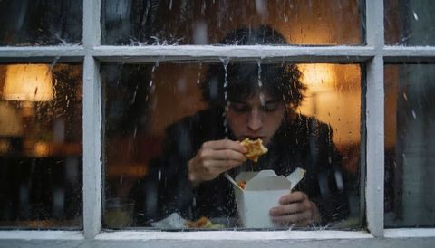 Young man eating takeout inside cozy, warm-lit cafe through rain-streaked window at dusk