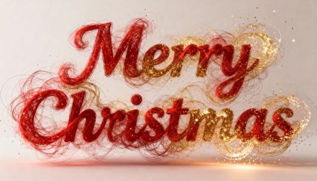 Floating red and gold fibrous Merry Christmas script with glitter halos and sparkles
