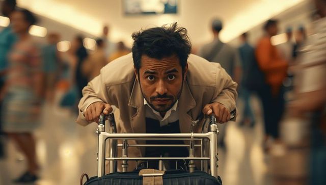 Focused traveler maneuvering airport terminal pushing luggage cart