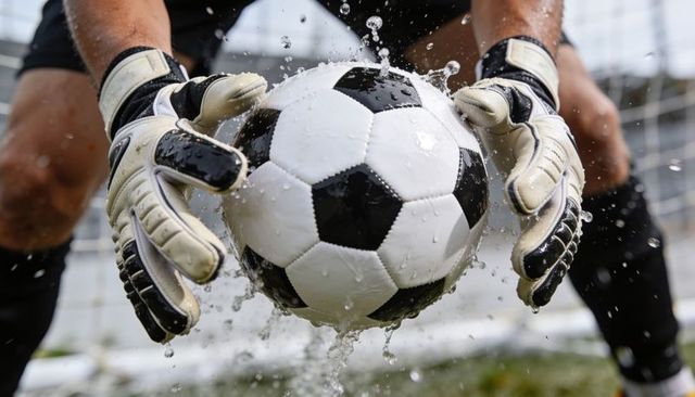Close-up goalkeeper catching wet soccer ball with padded gloves splashing water at goal