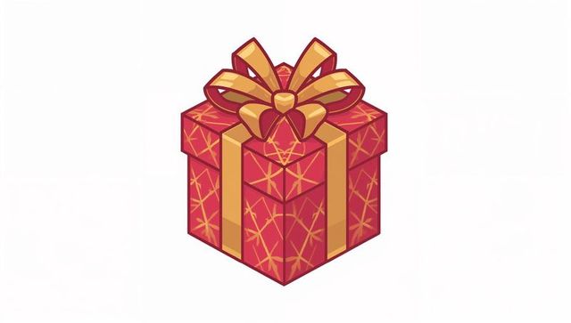 Festive red gift box featuring gold ribbon bow and geometric star pattern, minimalist vector