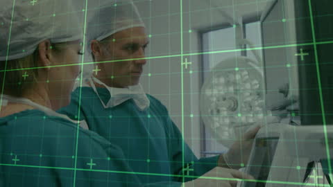 Surgeons Collaborating with Digital Interface in Futuristic Operating Room