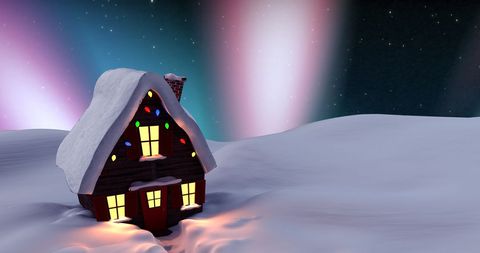 Fairytale Winter Cottage Under Northern Lights