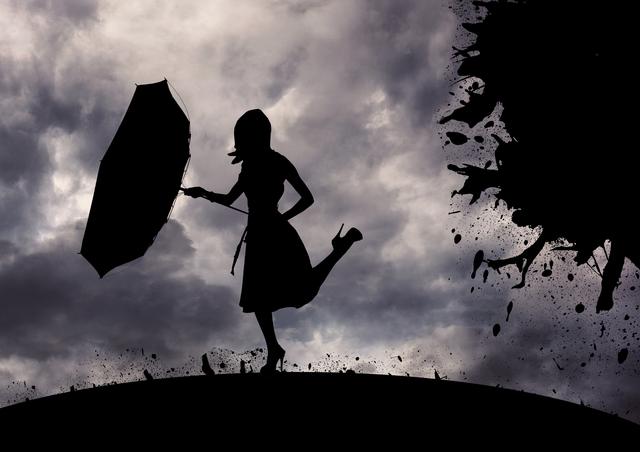 This powerful composition captures the energetic silhouette of a woman leaping while holding an umbrella, set against a dramatic stormy sky. The overcast clouds add a sense of urgency and life. This can be used in marketing campaigns, inspirational posters, book covers, and articles about freedom, spontaneity, and weather. Ideal for themes involving adventure and embracing challenges.