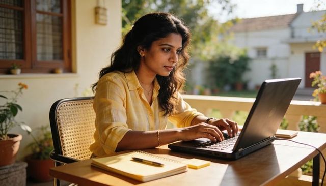 Young woman working on laptop at sunlit veranda with notebook and houseplants