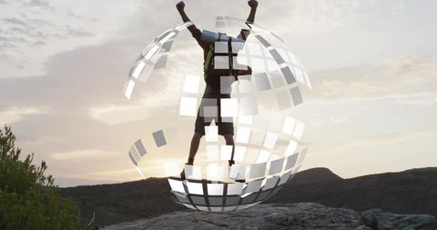 Hiker Celebrating Summit at Sunset with Tiled Globe Overlay Symbolizing Global Adventure