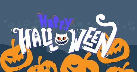 Creative Happy Halloween Text with Pumpkins and Cat Decor