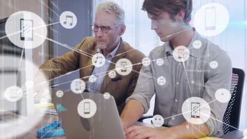 Business Professionals Using Laptop with Digital Connections Overlay