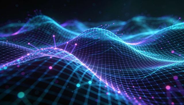 Neon wireframe landscape showing pulsing data mesh with glowing nodes and futuristic flow