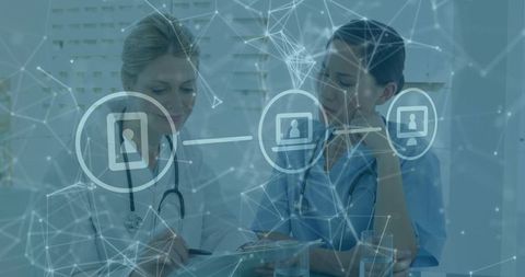 Clinicians collaborating over digital patient records with network overlay