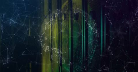 Hovering Wireframe Globe Overlapping Green-Yellow Data Streams and Network Nodes