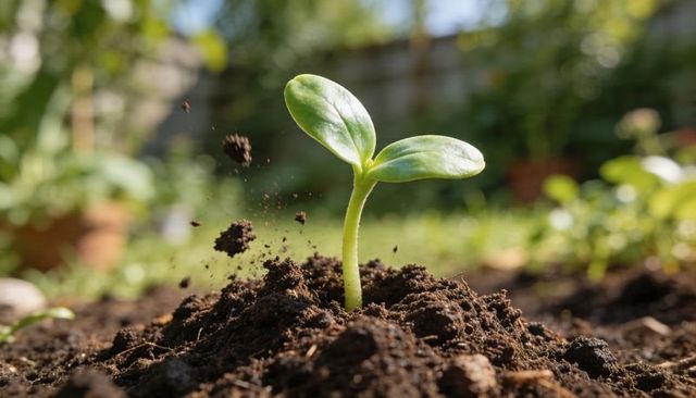 Sunlit Green Seedling Emerging from Rich Soil Closeup Representing Growth and Renewal