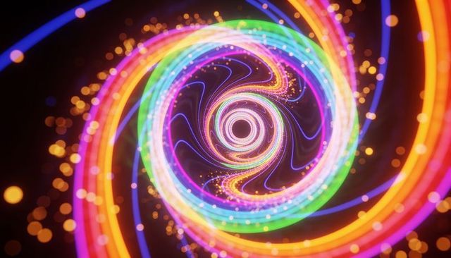 Spiraling neon light vortex drawing eye toward radiant core, colorful abstract tunnel
