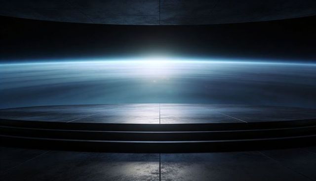 Futuristic orbital observation deck overlooking blue horizon from space station metallic dais