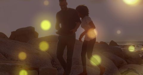 Diverse Couple Enjoying Leisure Walk with Creative Bokeh Effects