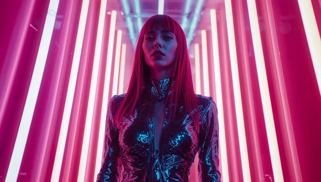 Futuristic model in metallic bodysuit amid neon tubes