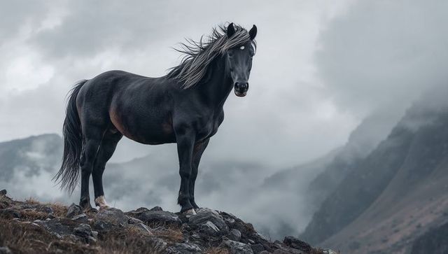 Standing glossy black horse on misty mountain ridge with windblown mane and dramatic sky