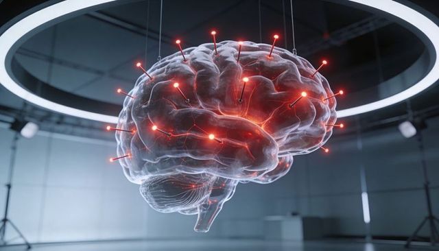 Suspended translucent brain model glowing with red electrode nodes beneath led ring
