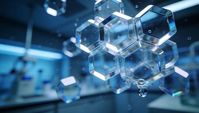 Glass hexagon honeycomb cluster refracting blue light with droplet suspended in laboratory